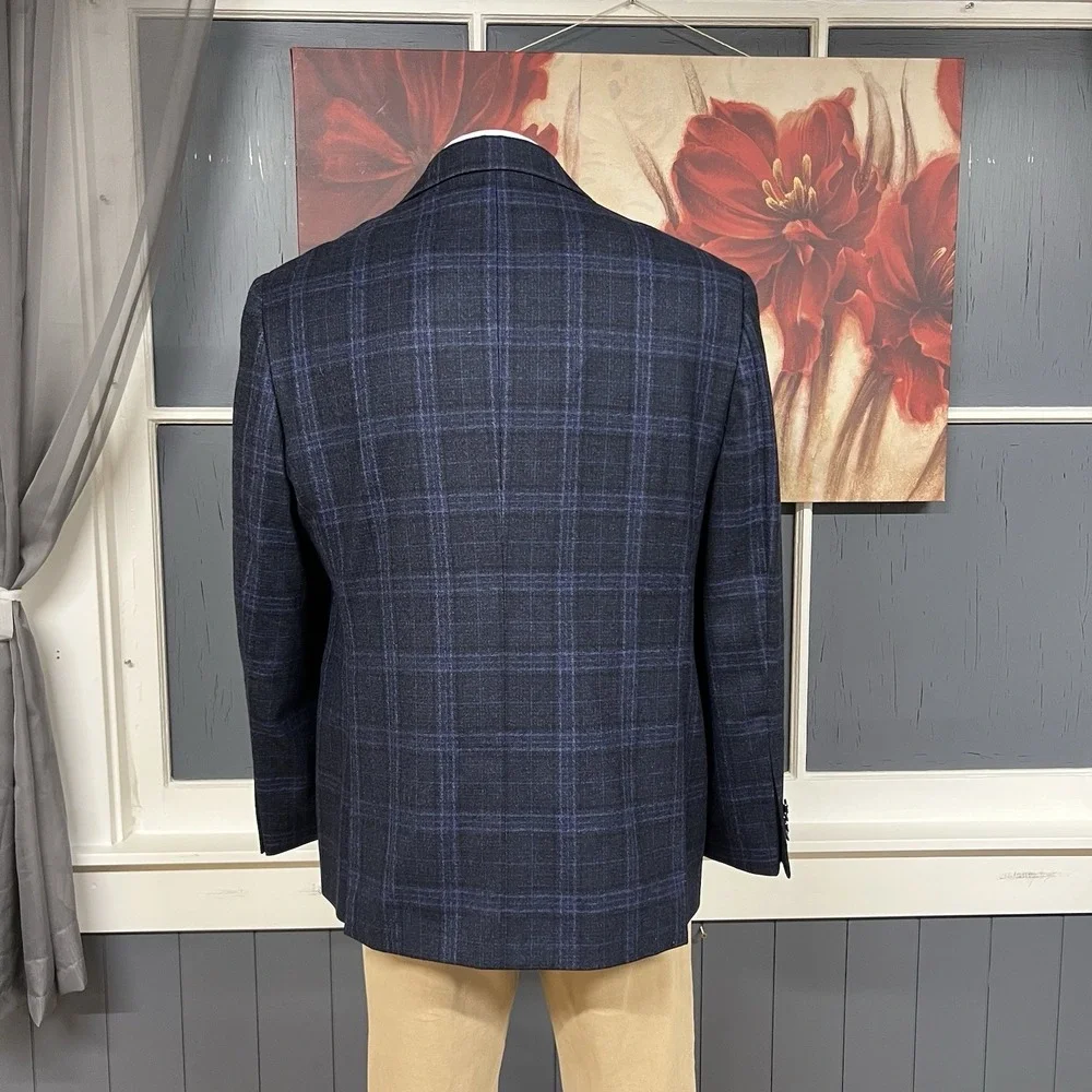 Joseph Abboud Blazer Jacket Sport Coat Mens 46R Wool Navy Flannel Plaid